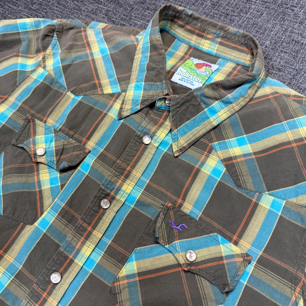 Hollister Western Shirt Mens XXL Brown Blue Plaid Pearl Snap Y2K Cowboy